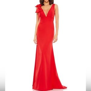 Mac Duggal Plunging V-Neck Bow Shoulder Sleeveless Low Back Detail dress